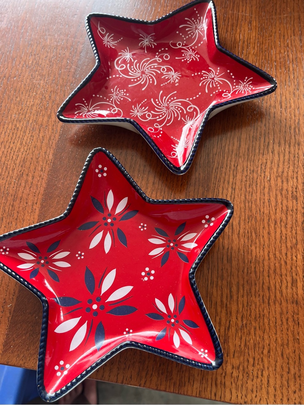 Temp-Tations Red Star Ceramic Dishes with Navy and White Floral Accents